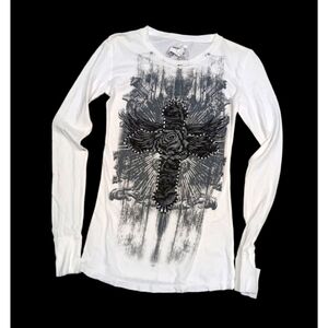 Y2k Stranded White Long Sleeve Tee with Graphic Design Sz S New